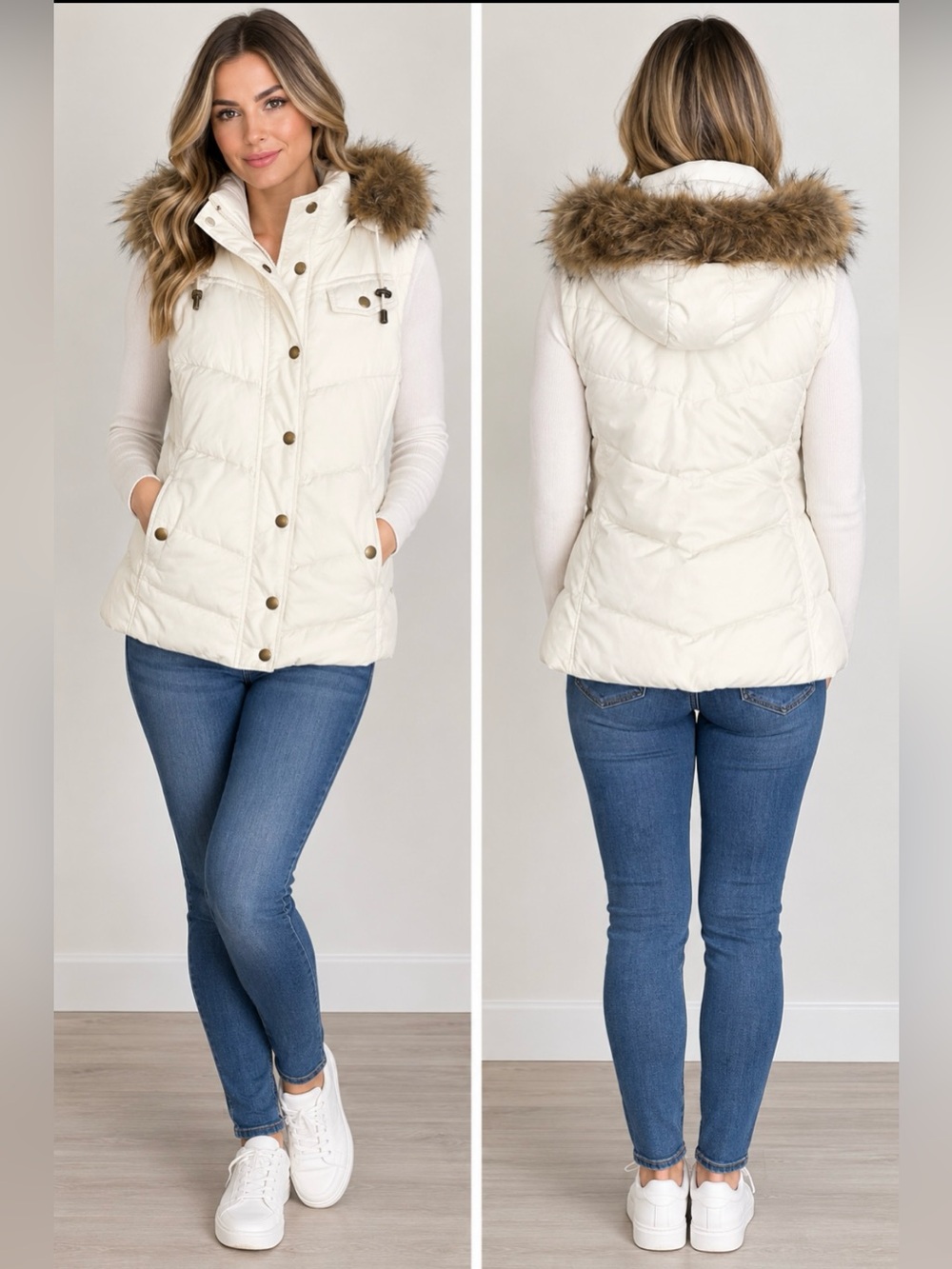Banana Republic Cream Quilted Hooded Puffer Vest with Faux Fur Trim